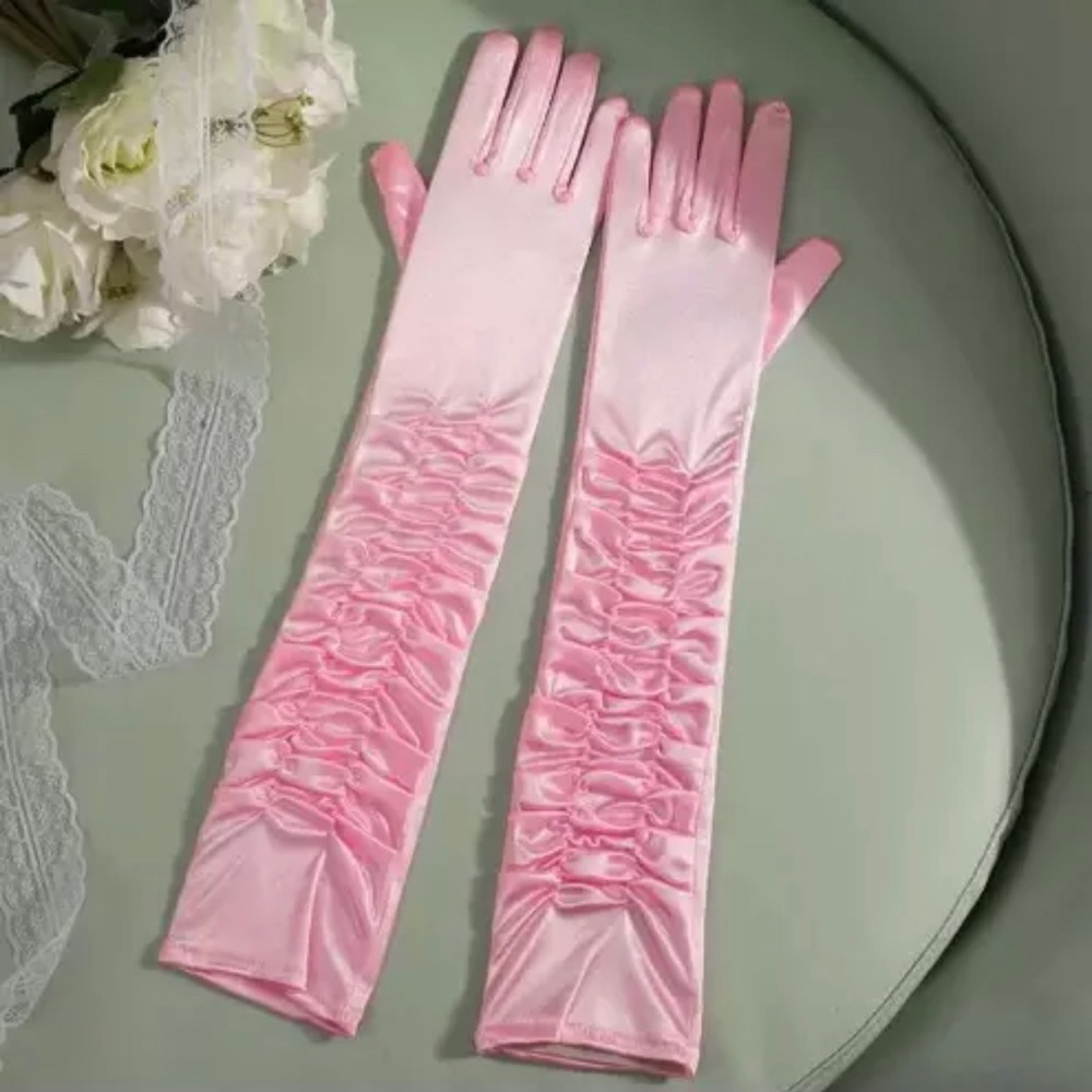Elbow Satin Ruffle Gloves - Light Pink